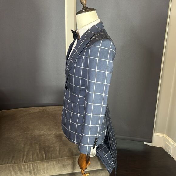 Men’s Blue Check Plaid 3 Piece Suit One Button Peak Lapel 30 Jacket 29 Pants NEW - Picture 5 of 16